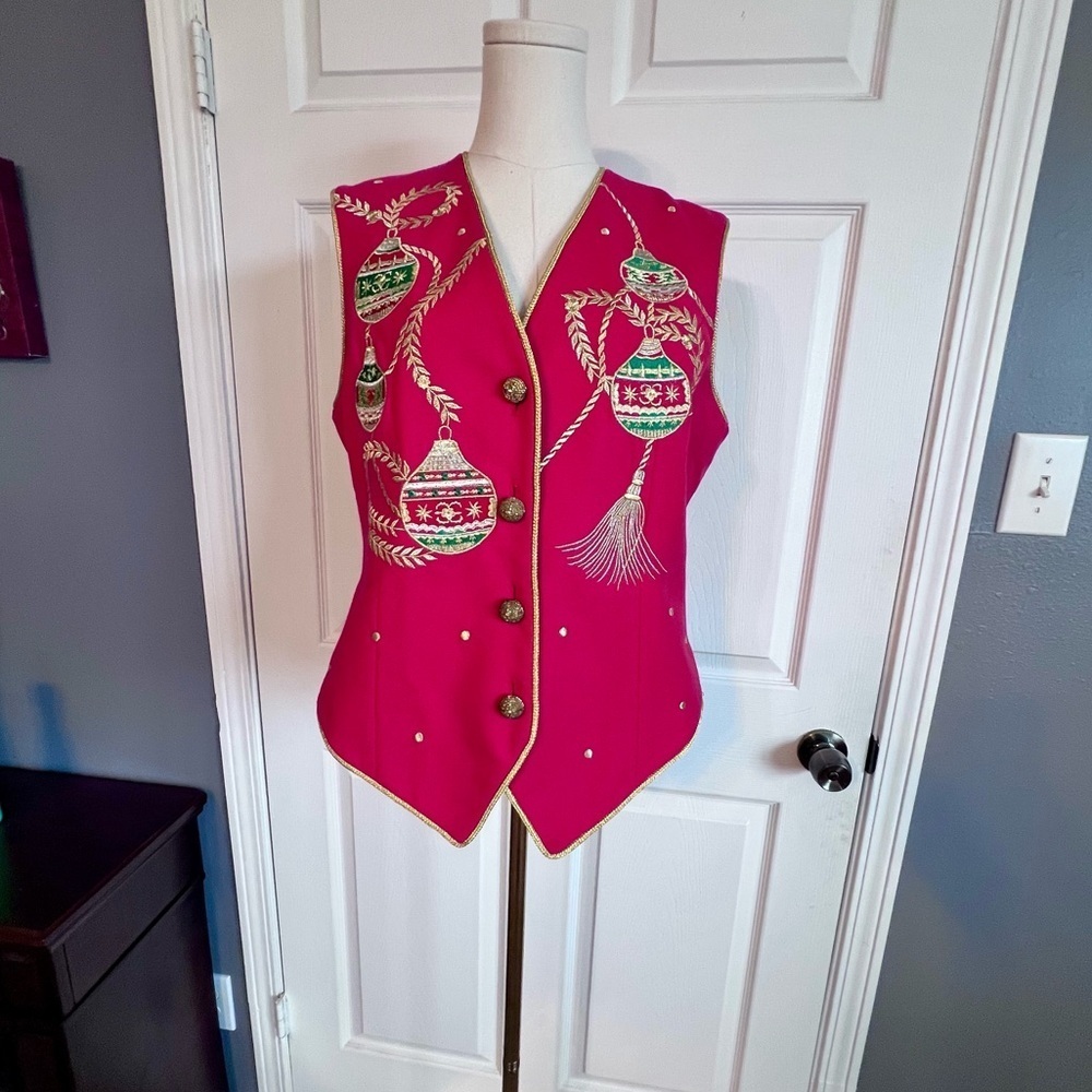 Jenna VTG 100% Wool Embroidered‎ Appliqué Christmas Ornament Button Vest Red L - Picture 2 of 16